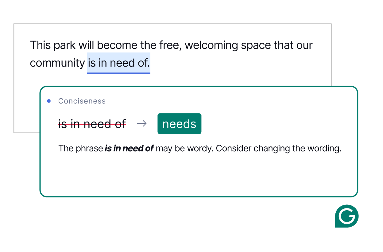 Image showing Grammarly's clarity improvement suggestions, emphasizing concise and clear writing.